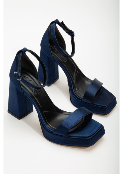 Matilda Lacivert Saten Platformlu Açık Burunlu Kalın Topuklu Ayakkabı