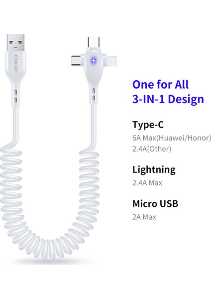 1 8 M 3'ü 1 Arada Usb A Lightning+Type C+Micro 6A Şarj Kablosu Yaylı Veri Kablosu (Yurt Dışından)