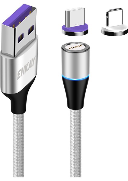 1m 5A Hızlı Şarj Manyetik Veri Kablosu 2'si 1 Arada Usb'den 8 Pim'e + Type C Kablo Gümüş (Yurt Dışından)