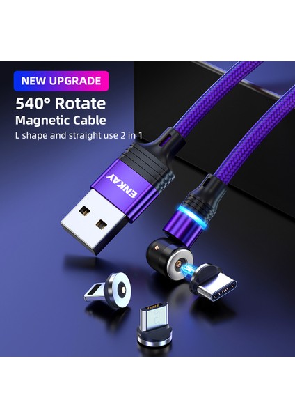 2m 2 4A Manyetik Şarj Kablosu Usb'den Ip'ye Tip C Mikro USB Naylon Örgülü Telefon Şarj Kablosu LED Işıklı (Yurt Dışından)