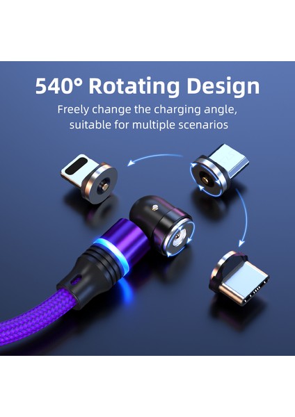 2m 2 4A Manyetik Şarj Kablosu Usb'den Ip'ye Tip C Mikro USB Naylon Örgülü Telefon Şarj Kablosu LED Işıklı (Yurt Dışından)