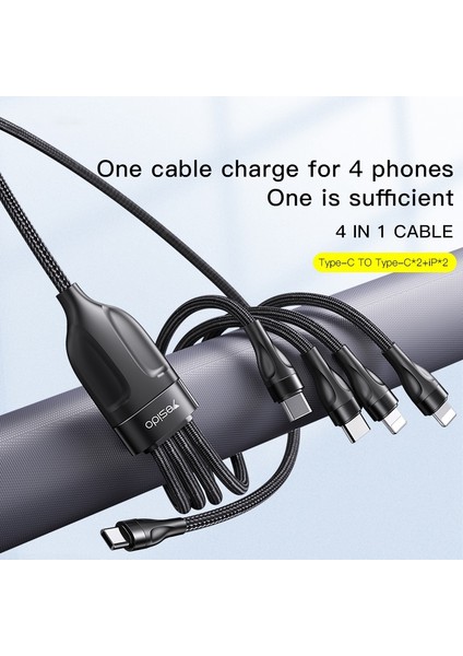 4'ü 1 Arada Şarj Kablosu Type C Type C*2+Lightning*2 Naylon Örgülü Cep Telefonu Kablosu (Yurt Dışından) fiyatları