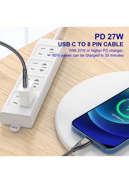 1m Type C Lightning Pd 27W Hızlı Şarj Kablosu Karbon Çelik Hortum Yayı Veri Iletim Kablosu Gümüş (Yurt Dışından)