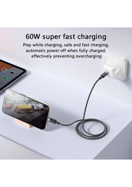 Pd 60W Otomatik Kapanma Şarj Kablosu Usb C Usb C Örgülü Cep Telefonu Veri Kablosu (Yurt Dışından)