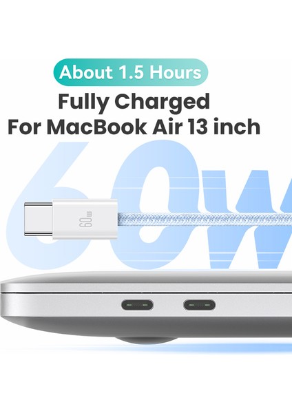 1 2 M Pd 60W Hızlı Şarj Kablosu Tip C'den Tip C'ye Gökkuşağı Örgülü Kablo (Yurt Dışından)
