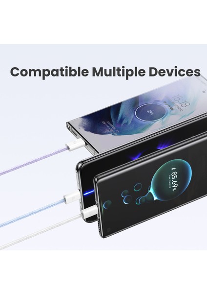 1 2 M Pd 60W Hızlı Şarj Kablosu Tip C'den Tip C'ye Gökkuşağı Örgülü Kablo (Yurt Dışından)