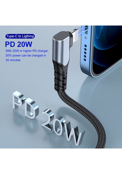 1 M Type C Lightning Pd 20W Hızlı Şarj Kablosu Çift Dik Açılı Veri Kablosu Gümüş (Yurt Dışından)