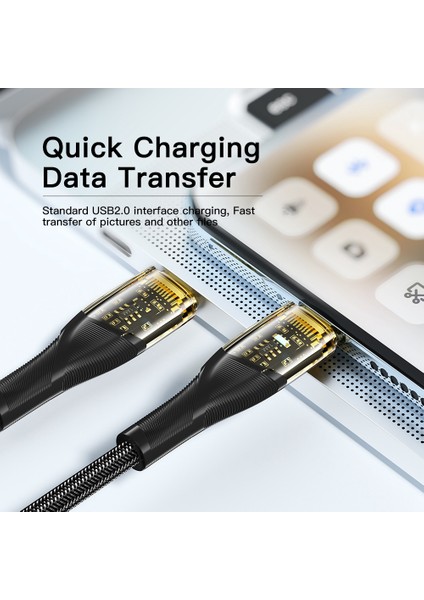 1m Şeffaf Pencere Usb C 100W Hızlı Şarj Kablosu LED Işık Tip C 480MBPS Tarih Iletim Örgülü Kablo (Yurt Dışından)