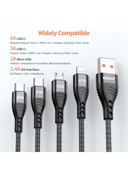 2m 6A 4'ü 1 Arada Usb'den 8pin'e Tip C Mikro USB Hızlı Şarj Veri Kablosu Naylon Örgülü Kablo (Yurt Dışından)
