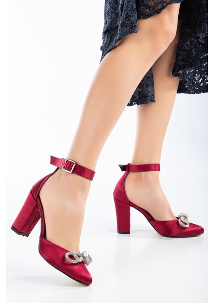 Nenya Bordo Saten Taş Detaylı Topuklu Kadın Ayakkabı modelleri