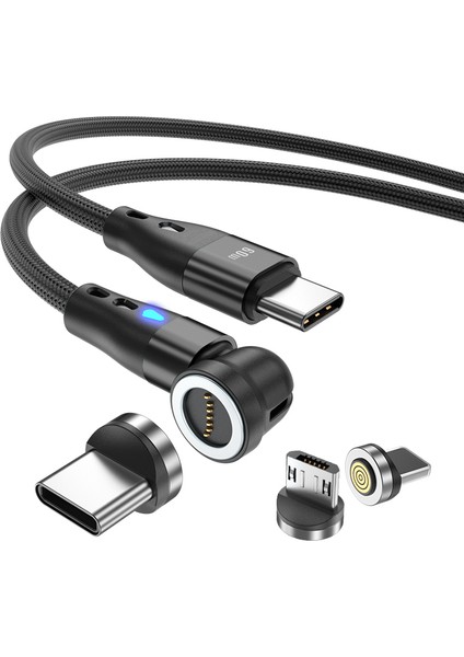 2m Pd 60W Manyetik Telefon Şarj Kablosu 3'ü 1 Arada Tip C 8 Pim Tip C LED Işıklı Mikro USB Veri Senkronizasyon Kablosu (Yurt Dışından)
