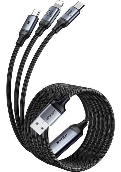 1 2 M 3'ü 1 Arada Şarj Kablosu 100 W Naylon Örgülü Usb A Ip+Type C+Mikro Hızlı Şarj Kablosu (Yurt Dışından)
