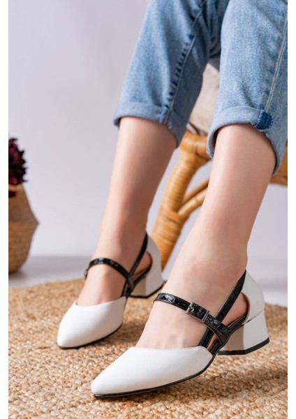 Cedric Beyaz Cilt - Siyah Crocodile Detaylı Alçak Topuklu Kadın Ayakkabı fiyatları