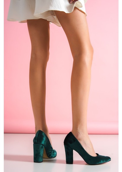 Marry Haki Yeşil Kadife Topuklu Ayakkabı