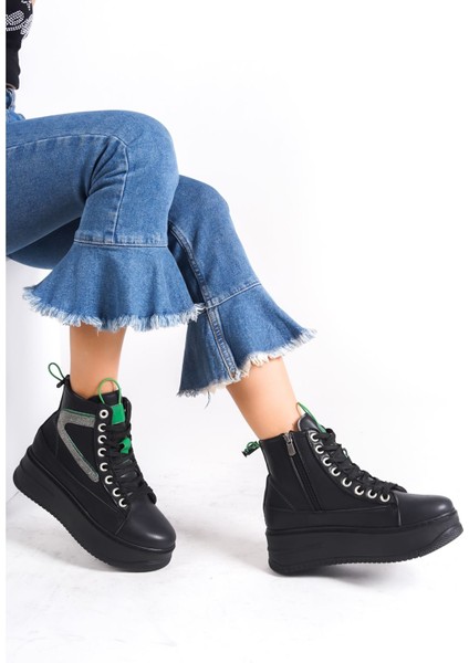 Çimoşa Siyah Kalın Tabanlı Yeşil Detaylı Kadın Spor Bot