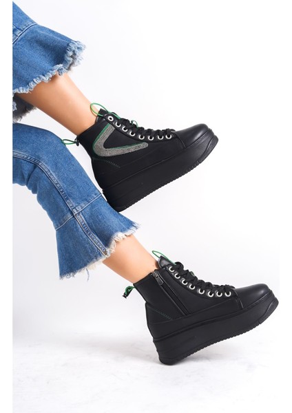 Çimoşa Siyah Kalın Tabanlı Yeşil Detaylı Kadın Spor Bot fiyatları