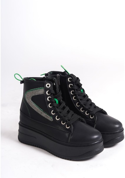 Çimoşa Siyah Kalın Tabanlı Yeşil Detaylı Kadın Spor Bot modelleri