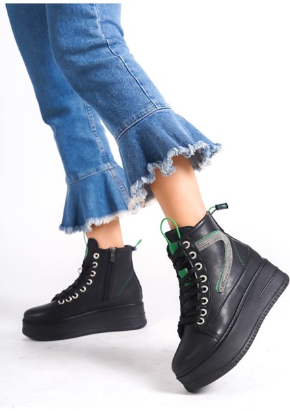 Çimoşa Siyah Kalın Tabanlı Yeşil Detaylı Kadın Spor Bot fırsatları