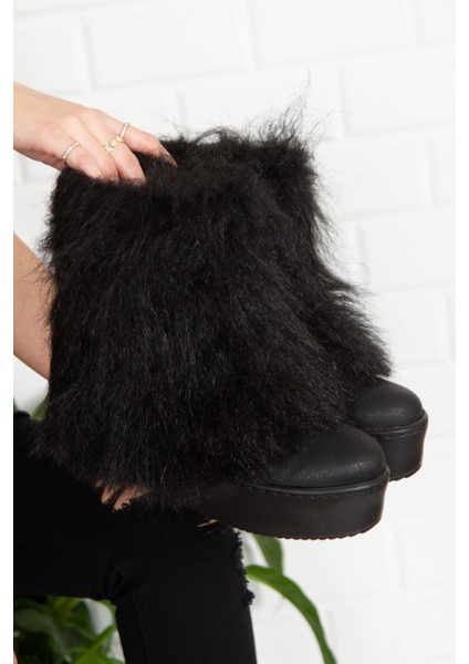 Yüksek Taban Tüylü Siyah Kadın Bot fiyatları