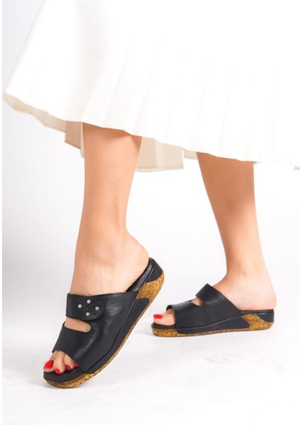 Kadın Deri Siyah Ortopedik Taban Terlik fırsatları