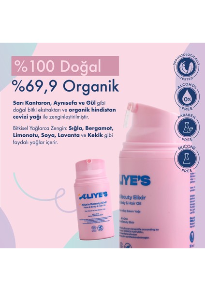 A Aliye's Beauty Elixir Ecocert Cosmos Sertifikalı %100 Doğal %69,9 Organik Yüz & Vücut & Saç Bakım Yağı