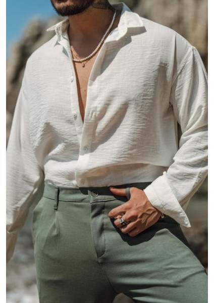 Erkek Uzun Kollu Gömlek Yaka Keten Oversize Gömlek