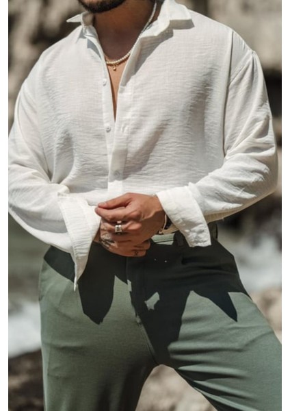 Erkek Uzun Kollu Gömlek Yaka Keten Oversize Gömlek fiyatları