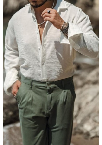 Erkek Uzun Kollu Gömlek Yaka Keten Oversize Gömlek modelleri