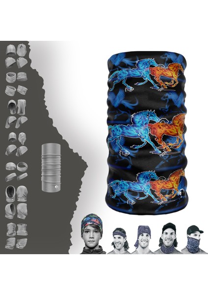 Turuncu Mavi At Desenli Boyunluk Maske Baf Bandana