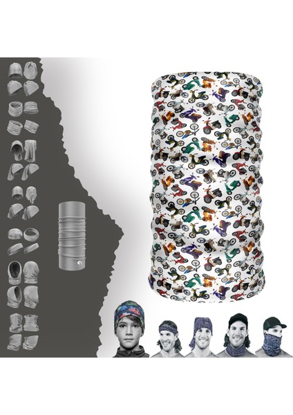Renkli Minyatür Motosiklet Desenli Boyunluk Maske Baf Bandana
