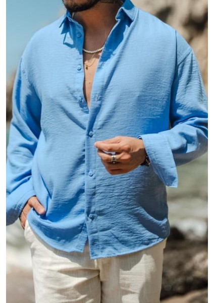 Erkek Uzun Kollu Gömlek Yaka Keten Oversize Gömlek