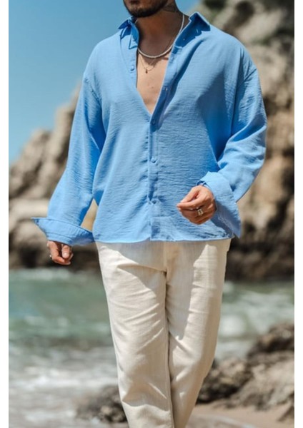 Erkek Uzun Kollu Gömlek Yaka Keten Oversize Gömlek modelleri