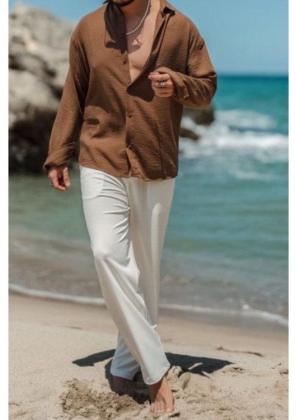 Erkek Uzun Kollu Gömlek Yaka Keten Oversize Gömlek