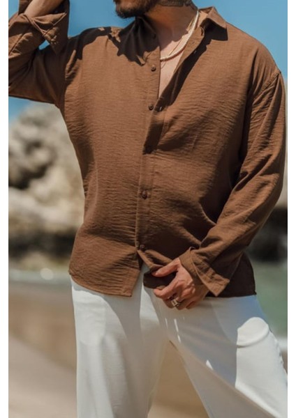 Erkek Uzun Kollu Gömlek Yaka Keten Oversize Gömlek modelleri
