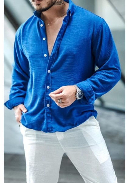 Erkek Uzun Kollu Gömlek Yaka Keten Oversize Gömlek