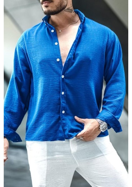 Erkek Uzun Kollu Gömlek Yaka Keten Oversize Gömlek modelleri