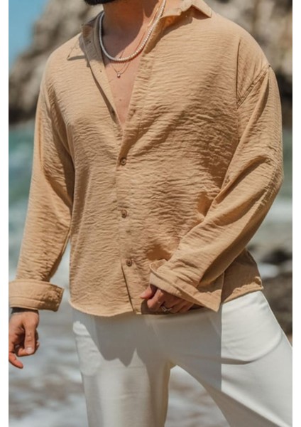 Erkek Uzun Kollu Gömlek Yaka Keten Oversize Gömlek fiyatları