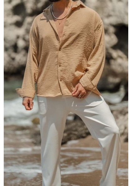 Erkek Uzun Kollu Gömlek Yaka Keten Oversize Gömlek modelleri