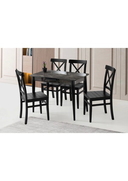Ahşap Salon Yemek Masa Sandalye Takımı 4 Sandalyeli Ortadan Açılır Büyüyen 70X120CM