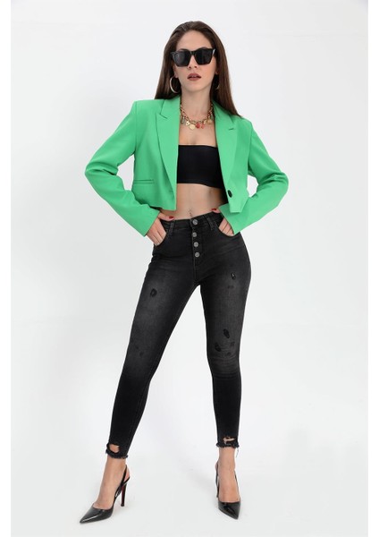 Çift Peto Cepli Kısa Crop Blazer Ceket - Yeşil