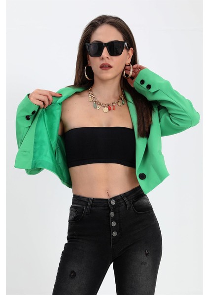 Çift Peto Cepli Kısa Crop Blazer Ceket - Yeşil