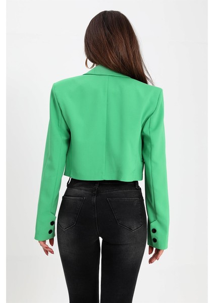 Çift Peto Cepli Kısa Crop Blazer Ceket - Yeşil