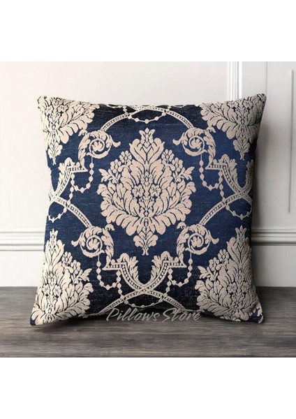 Çiçek Desenli Lacivert-Krem Kırlent Kılıfı 45CM*45CM