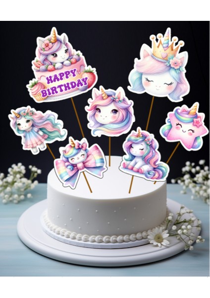 Hiras Dizayn 7parça Unicorn Tekboynuz Büyük Pasta Kürdanı Pasta Süsü Cupcake Kürdanı Doğum Günü Süsleri