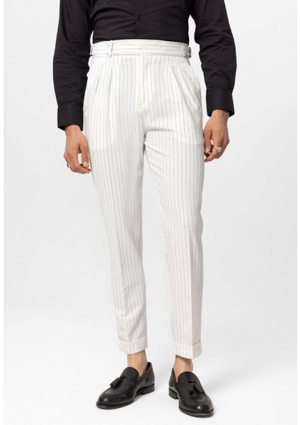 Beyaz Yüksek Bel Çizgili Erkek Pantolon
