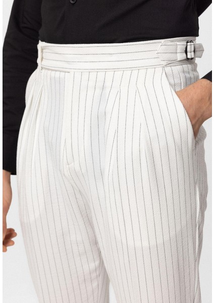 Beyaz Yüksek Bel Çizgili Erkek Pantolon modelleri