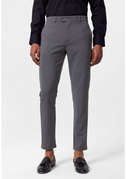 Gri Erkek Slim Fit Düz Aksesuarlı Kumaş Pantolon