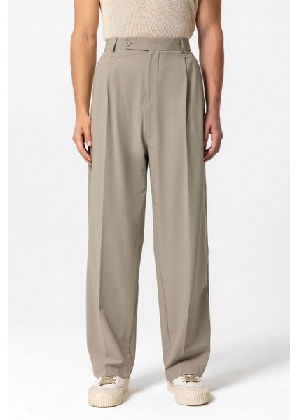 Açık Haki Baggy Yüksek Bel Erkek Kumaş Pantolon