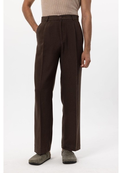 Kahve Keten Karışımlı Baggy Erkek Pantolon