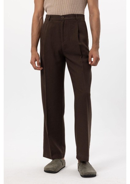 Kahve Keten Karışımlı Baggy Erkek Pantolon